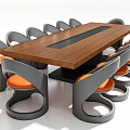 Modern Wooden Conference Table With Black Center Panel And Gray Frame Orange Cushion Chairs