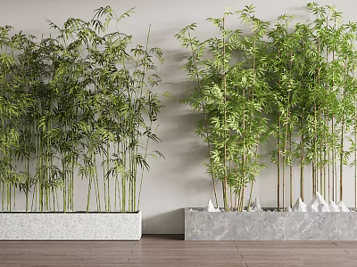 Natural Style Bamboo Bonsai Plants In Stone Planters For Indoor Decor 3d model