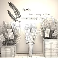 White Fluffy Grass Plants in Grey White and Brown Planters Against Pink Wall with Golden Leaf Art