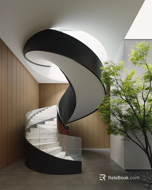 Modern Spiral Staircase With Wooden Walls White Steps And Green Tree 3d model 