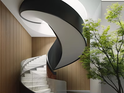Modern Spiral Staircase With Wooden Walls White Steps And Green Tree 3d model
