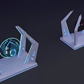 Futuristic Tech Display With Blue Lit Geometric Structures And Glowing Ring Around Globe 3d model