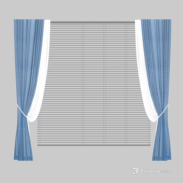 Elegant Blue Curtains with White Trim and Window Blinds for Home Interior 3d model