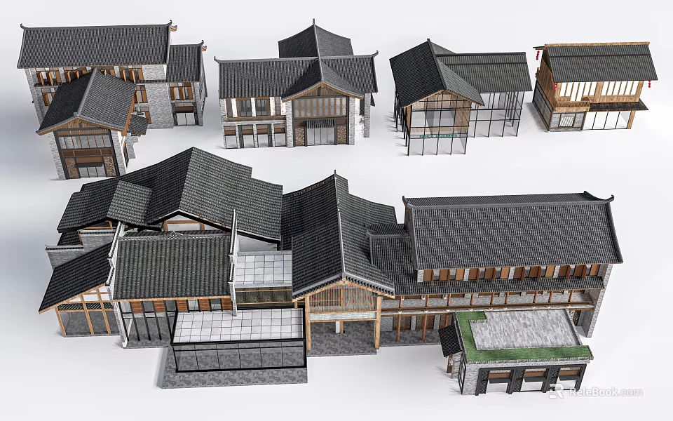 Traditional Style Commercial Complex Featuring Black Tile Roofs And Multiple Buildings Design 3d model
