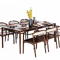 Modern Rectangular Dining Table Set With Chairs Tableware Vase And Yellow Flowers 3d model