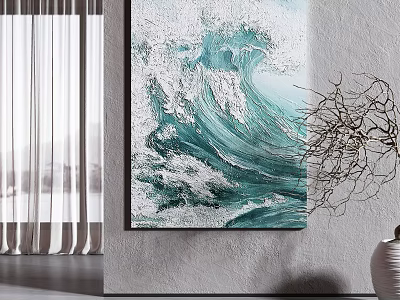 Textured Teal Wave Painting On Modern Wall With Decorative Branches 3d model