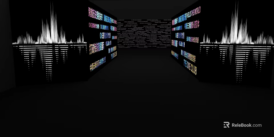 Black Background With Illuminated Multilingual Text On Both Sides Middle Text And White Flame Effects 3d model 