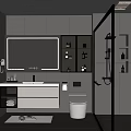Modern Bathroom Interior With Gray Tones Large Mirror Lighting Vanity Toilet And Glass Shower