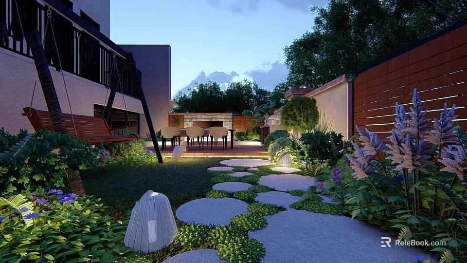 Beautiful Garden Landscape With Stone Stepping Path Lush Green Plants Outdoor Lighting And Wooden Bench 3d model 