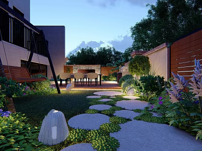 Beautiful Garden Landscape With Stone Stepping Path Lush Green Plants Outdoor Lighting And Wooden Bench 3d model