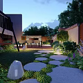 Beautiful Garden Landscape With Stone Stepping Path Lush Green Plants Outdoor Lighting And Wooden Bench
