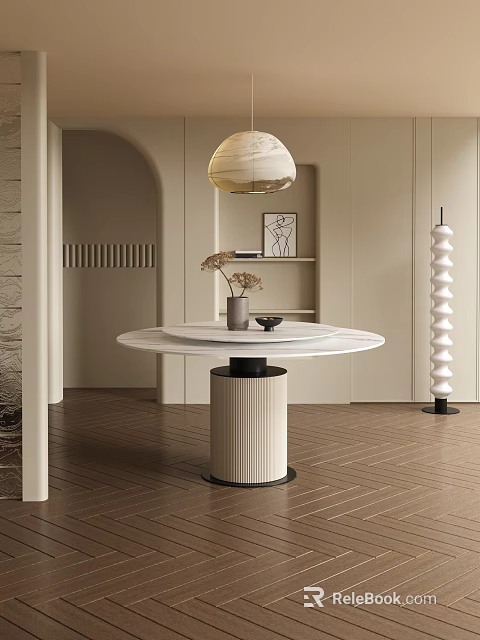 Modern Round Dining Table with White Top Cylindrical Base and Hanging Lamp in Decorative Interior 3d model