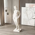 White Standing Sculpture in Indoor Space with Modern Decor Wooden Floor and Plant