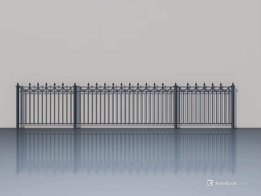 Black Wrought Iron Swing Door With Decorative Top Patterns Sleek Design And Floor Reflection 3d model 