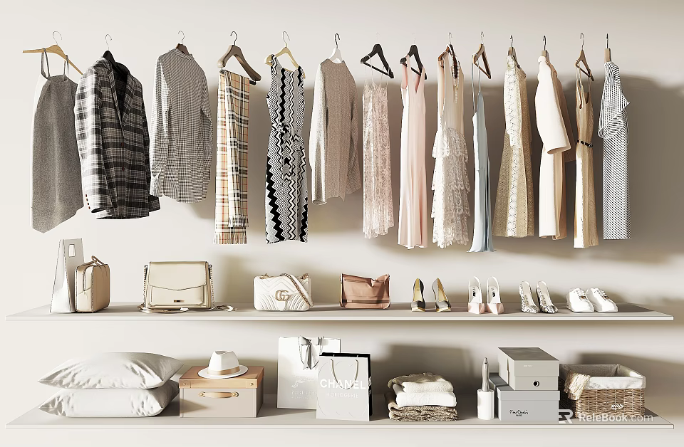 Hanging Clothes With Handbags Shoes And Storage Baskets On Closet Shelves 3d model 