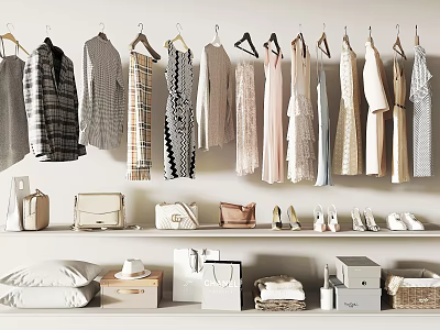 Hanging Clothes With Handbags Shoes And Storage Baskets On Closet Shelves 3d model