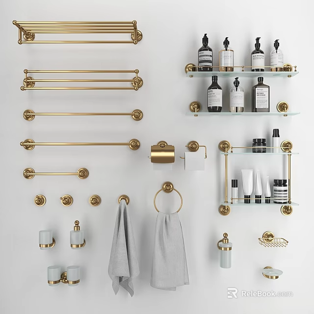 Golden Bathroom Accessories Set With Towel Bars Rings Shelves And Soap Dishes 3d model 