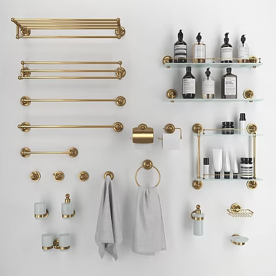 Golden Bathroom Accessories Set With Towel Bars Rings Shelves And Soap Dishes 3d model