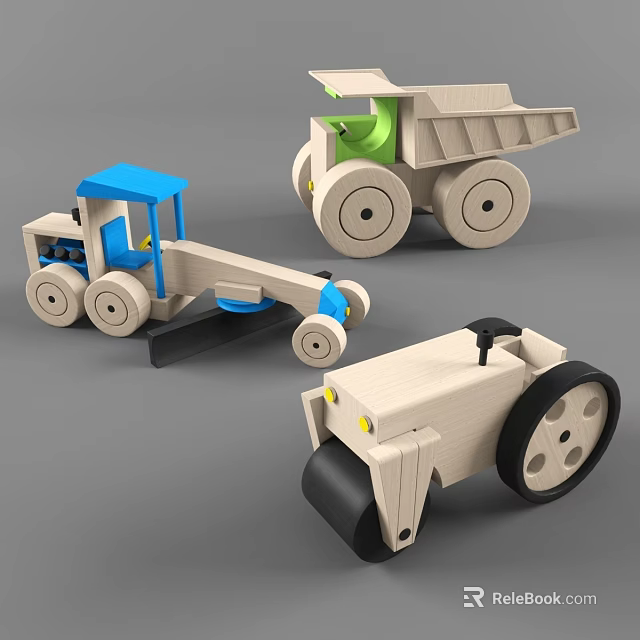 Wooden Building Blocks Construction Vehicle Toys Including Bulldozer Dump Truck And Road Roller 3d model 
