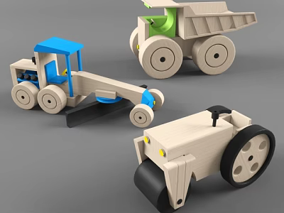 Wooden Building Blocks Construction Vehicle Toys Including Bulldozer Dump Truck And Road Roller 3d model