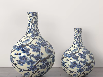 Two Blue And White Ceramic Vases With Floral And Bird Patterns For Home Decor 3d model