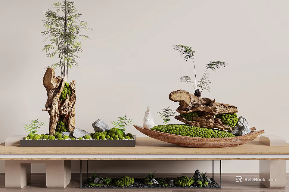 Natural Wood Base Decorative Ornament Set With Green Plants And Small Stones 3d model 