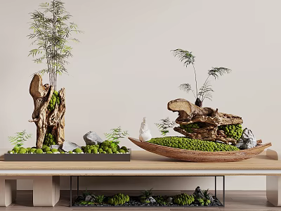 Natural Wood Base Decorative Ornament Set With Green Plants And Small Stones 3d model