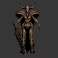 Fantasy Game Movie Character In Intricate Golden Black Armor With Red Accents Wings And Sword