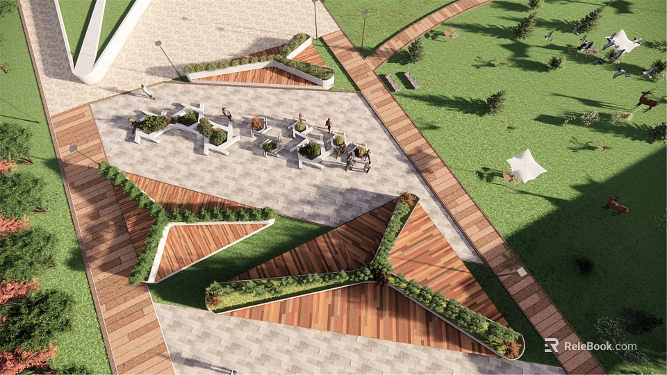 Urban Outdoor Public Space With Geometric Greenery Wooden Decking Stone Flooring And Seating Areas 3d model 