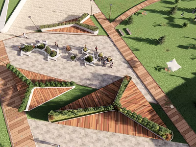 Urban Outdoor Public Space With Geometric Greenery Wooden Decking Stone Flooring And Seating Areas 3d model