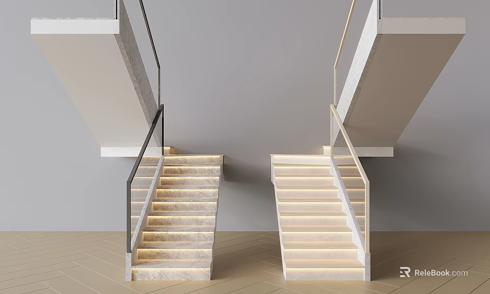 Modern Staircase Interior Design With Lighting Handrails And Stone Steps 3d model 