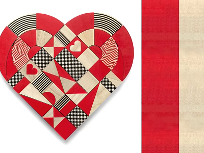 Heart Shaped Decorative Ornament Set with Geometric Patterns and Small Hearts in Red Beige Black 3d model