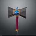Fantasy Battle Axe With Gray Head Orange Ring Blue Gemstone Red Handle And Yellow Base