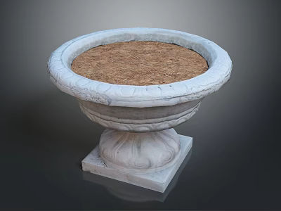 Decorative Round Stone Planter With Carved Details And Soil Filled Interior 3d model
