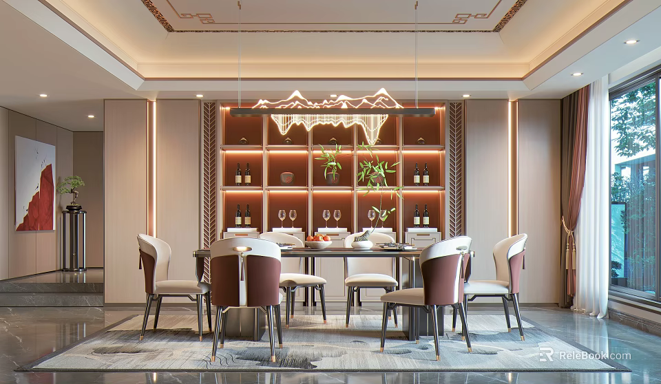 Luxurious Restaurant Interior Featuring Decorative Chandelier Wine Racks Dining Table Upholstered Chairs And Potted Plants 3d model 