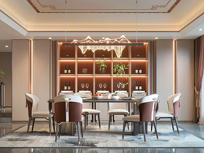 Luxurious Restaurant Interior Featuring Decorative Chandelier Wine Racks Dining Table Upholstered Chairs And Potted Plants 3d model