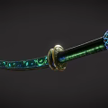 Artistic Traditional Samurai Sword with Green Decorative Engraved Blade and Gold Accented Hilt