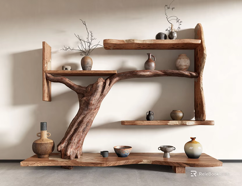 Rustic Natural Wood Tree Stump Shelf With Multiple Tiers And Decorative Clay Vases 3d model 