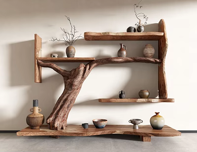 Rustic Natural Wood Tree Stump Shelf With Multiple Tiers And Decorative Clay Vases 3d model