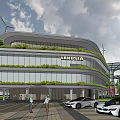 Modern Langsea Sales Office Building with Curved Wooden Facade Green Roof and Luxury Cars