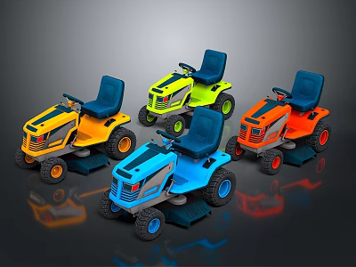 Colorful Kids Ride On Toy Tractors Featuring Blue Green Yellow Orange Seats And Wheels 3d model