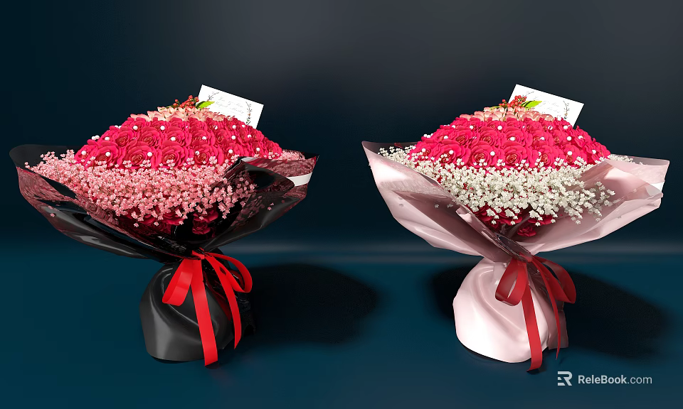 Pink Red Rose Bouquets with White Flowers in Black Pink Wraps and Red Bows 3d model 