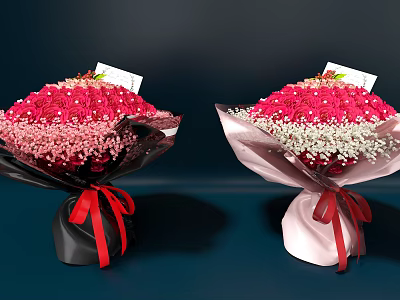 Pink Red Rose Bouquets with White Flowers in Black Pink Wraps and Red Bows 3d model