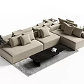 Modern L Shaped Beige Sofa Coffee Table Set With Throw Pillows And Side Tables 3d model