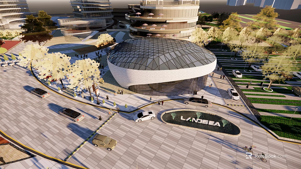 Modern Futuristic Architecture Plaza With Round Glass Roof Pedestrians And Vehicles 3d model 
