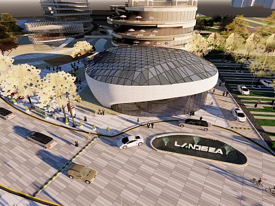 Modern Futuristic Architecture Plaza With Round Glass Roof Pedestrians And Vehicles 3d model