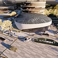 Modern Futuristic Architecture Plaza With Round Glass Roof Pedestrians And Vehicles