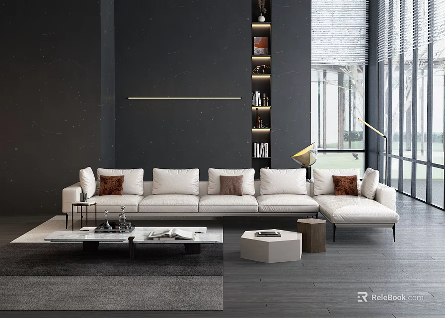 Modern Living Room Interior With White Multi Seater Sofa Brown Cushions Coffee Table And Bookshelf 3d model 