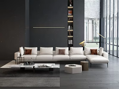 Modern Living Room Interior With White Multi Seater Sofa Brown Cushions Coffee Table And Bookshelf 3d model