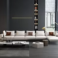 Modern Living Room Interior With White Multi Seater Sofa Brown Cushions Coffee Table And Bookshelf